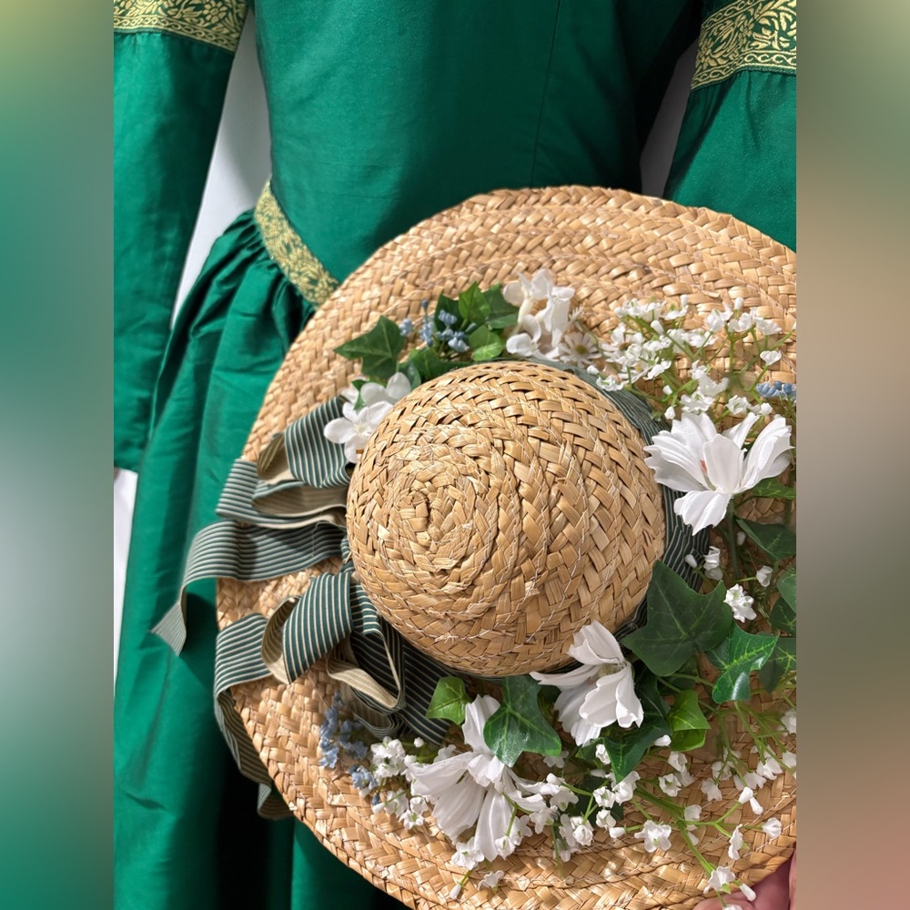 Cottagecore straw hat with floral and ribbon trim